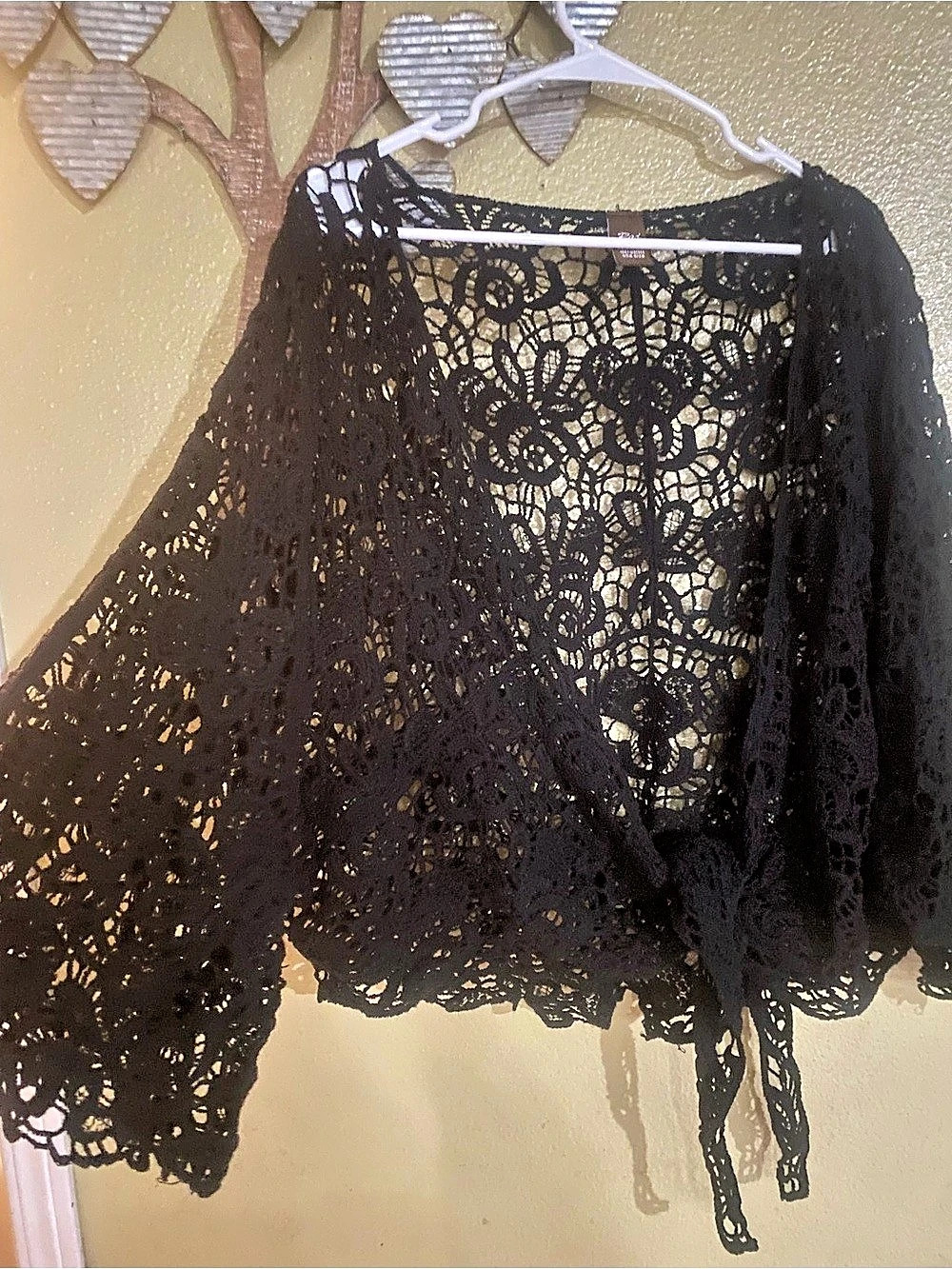 Black crochet shrug ties in front 100% viscose